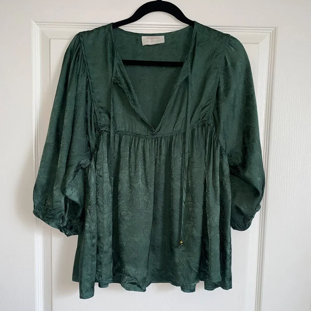 Auguste The Label Silk Green Jacquard Boho Peasant Blouse - AU 10/US M - Picture 2 of 7